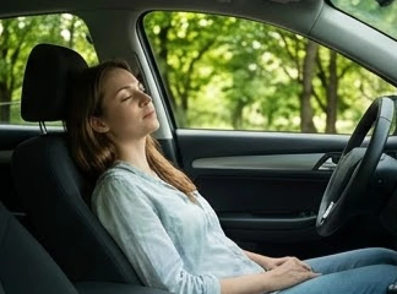 Người phụ nữ nhắm mắt thư giãn trên ghế phụ của chiếc xe đang đỗ dưới những tán cây xanh mát
