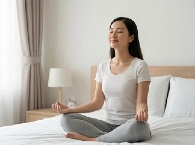 Mơ thấy đi học thi cử: Điềm báo, số may mắn & mẹo xả stress 9 Người phụ nữ nhắm mắt mỉm cười nhẹ nhàng thực hành bài tập hít thở sâu trên giường trước khi chìm vào giấc ngủ