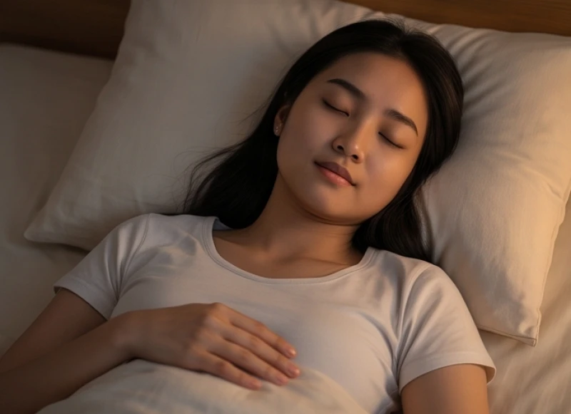 Cô gái nằm nhắm mắt với nét mặt thả lỏng, kiểm soát nhịp thở để vượt qua cảm giác bóng đè căng thẳng giữa đêm