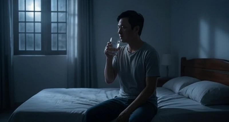 Một người đang ngồi hít thở sâu trên giường và cầm ly nước ấm sau khi giật mình tỉnh giấc giữa đêm
