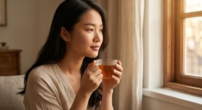 Một người phụ nữ trẻ đang tĩnh tâm thư giãn bên tách trà ấm, biểu hiện trạng thái cảm xúc cân bằng và nhẹ nhõm