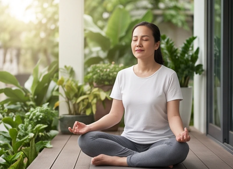 Sức khỏe tuổi Mão năm 2027: Dự báo rủi ro nam nữ và 5 nạp âm 2 Phụ nữ đang nhắm mắt thiền định bên hiên nhà để giải tỏa áp lực thần kinh và hội chứng ruột kích thích