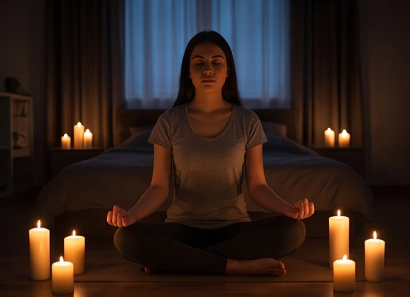 Một người phụ nữ nhắm mắt thiền định bình yên bên cạnh ánh nến vàng ấm áp để làm dịu tâm trí trước khi chìm vào giấc ngủ
