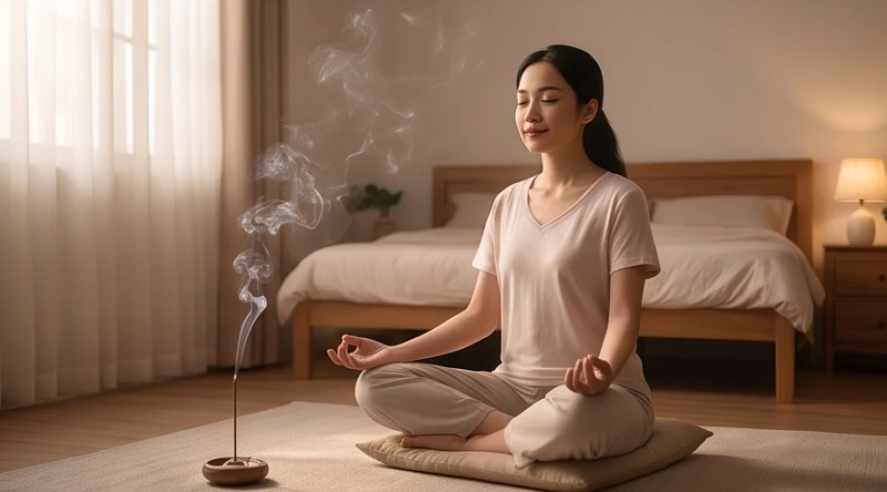 Người phụ nữ ngồi thiền nhẹ nhàng trong không gian thoang thoảng hương trầm để làm dịu tâm trí