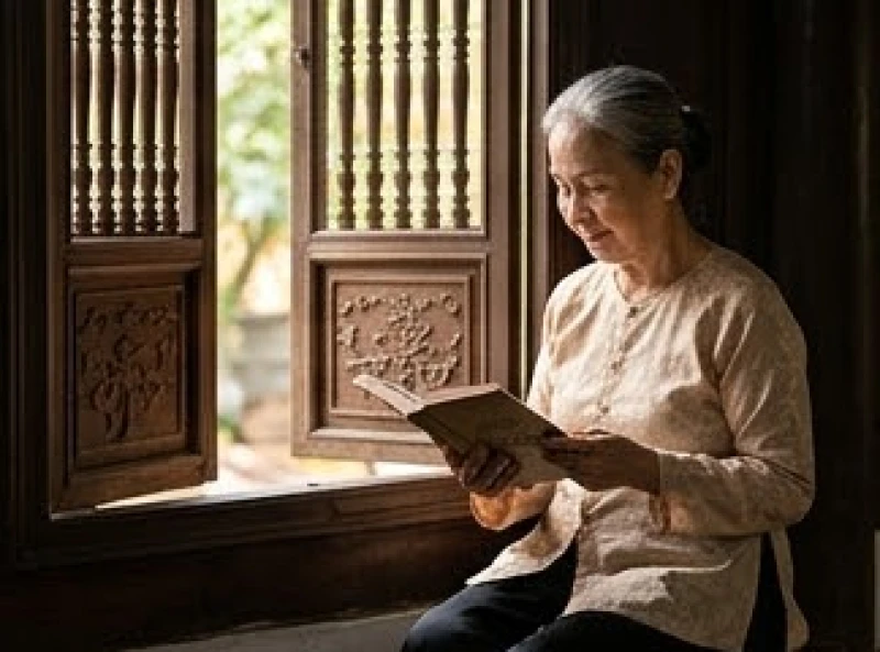 Cụ bà ngồi đọc sách thanh tịnh bên bậu cửa sổ gỗ tràn ngập ánh sáng