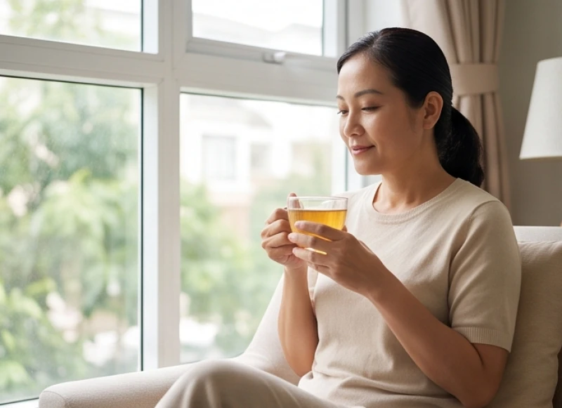 Một người trung niên thư giãn uống trà thảo mộc giúp tăng cường miễn dịch và tuần hoàn.