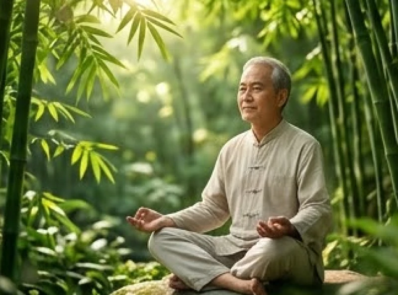 Tuổi Ất Tỵ 2025: Tử vi vận hạn và phong thủy chi tiết 6 Người đàn ông lớn tuổi đang ngồi thiền tĩnh tâm trong không gian vườn tre xanh mướt