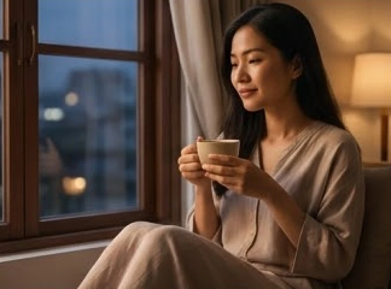 Đứt vòng phong thủy là điềm gì: Tra cứu khung giờ & cách xử lý 5 Người phụ nữ ngồi thư giãn bên tách trà nóng buổi tối để xoa dịu áp lực tinh thần sau sự cố đứt vòng