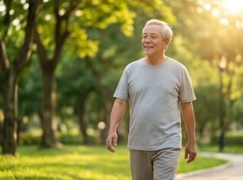 Một người đàn ông lớn tuổi đi dạo thong thả trong công viên xanh mát để giải tỏa căng thẳng tâm lý