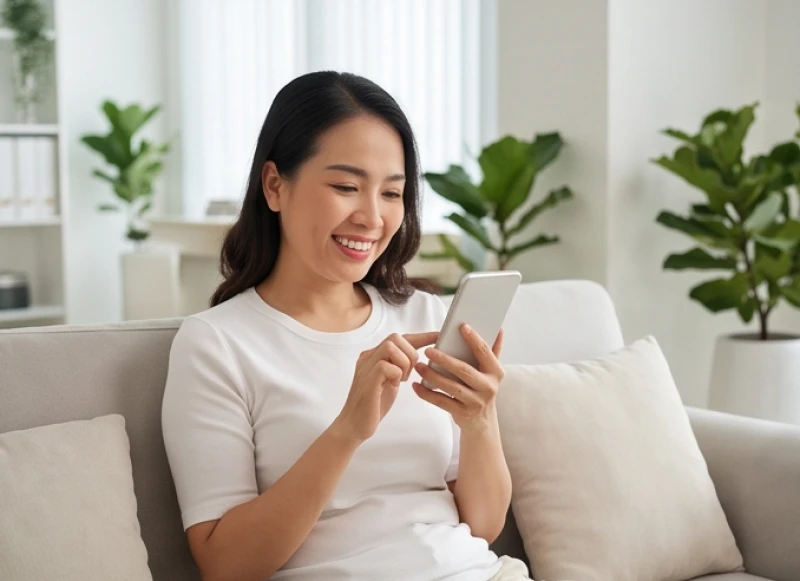 Người phụ nữ mỉm cười thư giãn khi đọc tin tức tốt lành trên màn hình điện thoại