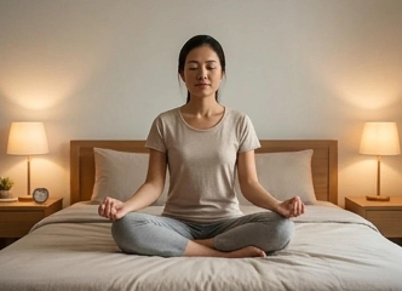 Mơ thấy nhà bừa bộn: Giải mã điềm báo tâm lý và số lộc 9 Người phụ nữ nhắm mắt ngồi thiền thư giãn trong một không gian phòng ngủ gọn gàng và ấm áp