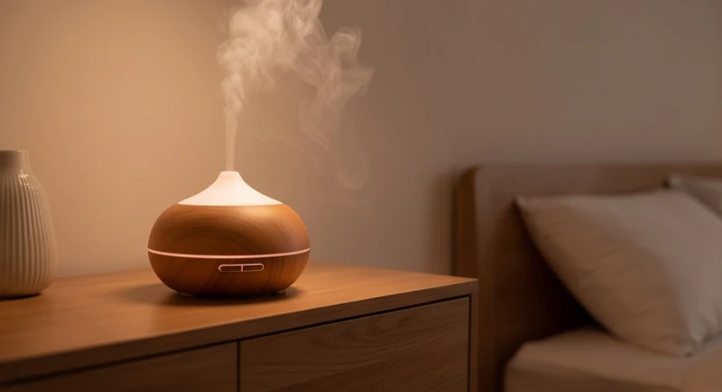 Máy xông tinh dầu đang tỏa hương trong phòng ngủ giúp xoa dịu tâm trí sau những giấc mơ căng thẳng.