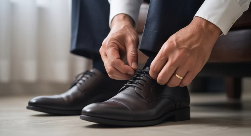 Mơ thấy giày dép: Giải mã điềm báo, góc nhìn tâm lý & số may mắn 2 Đôi tay đang cẩn thận thử nghiệm một đôi giày da mới cứng cáp biểu trưng cho sự thăng tiến