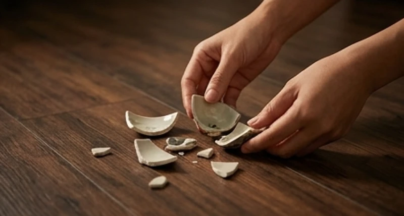Bàn tay đang cẩn thận nhặt những mảnh vỡ của chiếc chén sứ rơi dưới sàn nhà gỗ để đem đi xử lý