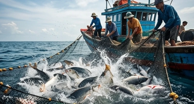 Ngư dân đang gồng mình kéo một mẻ lưới nặng trĩu những con cá khổng lồ giữa biển khơi