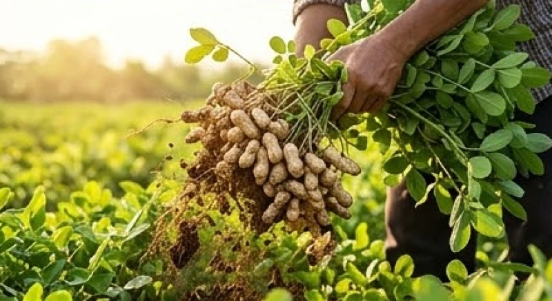 Người nông dân đang rũ đất và gom những củ lạc tươi rói trong một vụ mùa bội thu
