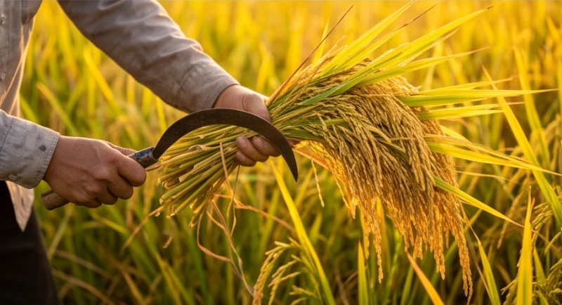 Bó lúa chín vàng nặng trĩu được ôm trọn gọn gàng sau khi gặt bằng lưỡi liềm truyền thống sắc bén