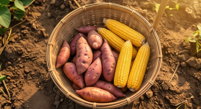 Những củ khoai lang to tròn và bắp ngô vàng ươm vừa được thu hoạch xếp trên giỏ tre