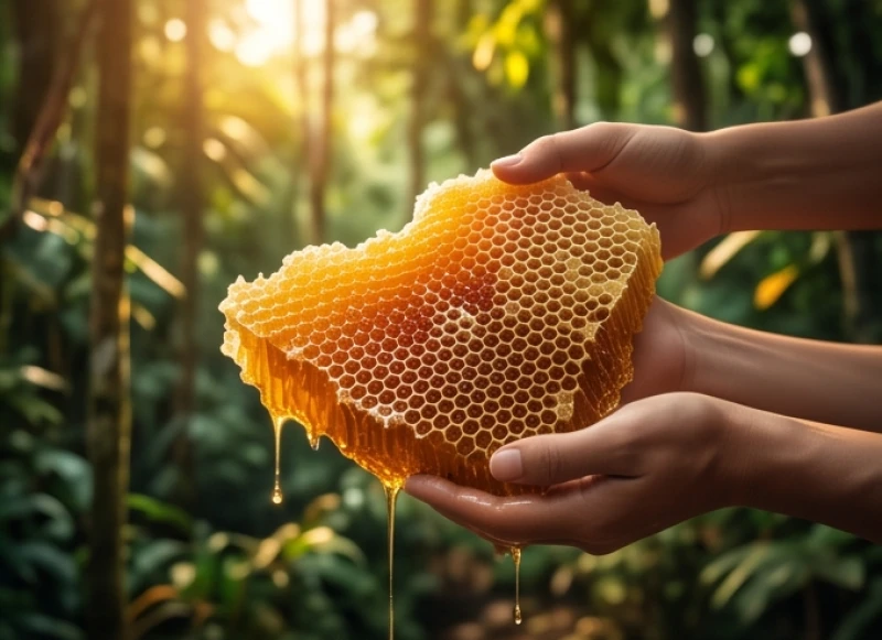 Đôi bàn tay cẩn thận hứng lấy vầng sáp ong vàng rực rỡ giữa khu rừng nguyên sinh tươi tốt