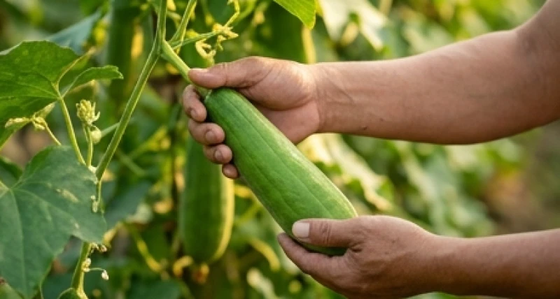 Mơ thấy giàn mướp: Ý nghĩa điềm báo và 3 con số may mắn rước lộc 4 Bàn tay người nông dân đang cẩn thận thu hoạch quả mướp hương căng bóng từ dây leo