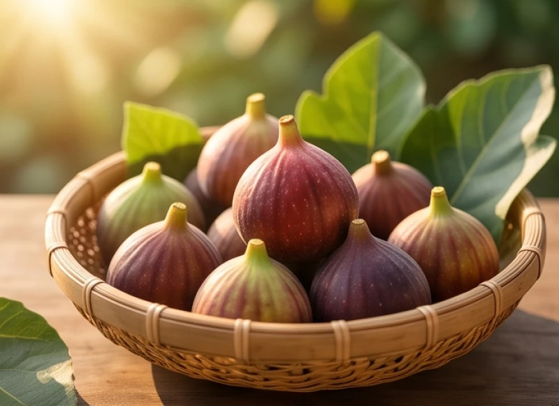 Chùm quả sung chín mọng nước được thu hoạch cẩn thận đặt trong một chiếc rổ tre mộc mạc
