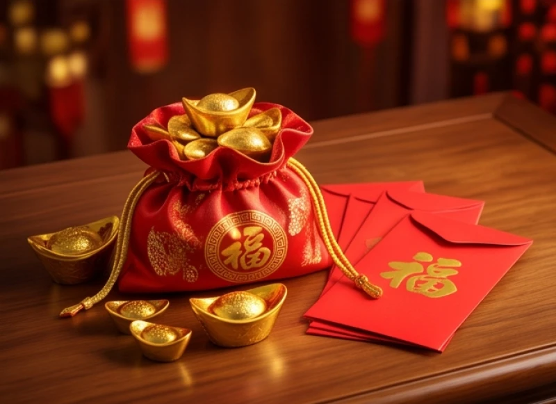 Thỏi vàng nén và túi gấm đỏ tượng trưng cho tài lộc dồi dào trở lại dịp cuối năm trong tử vi tuổi tý năm 2027
