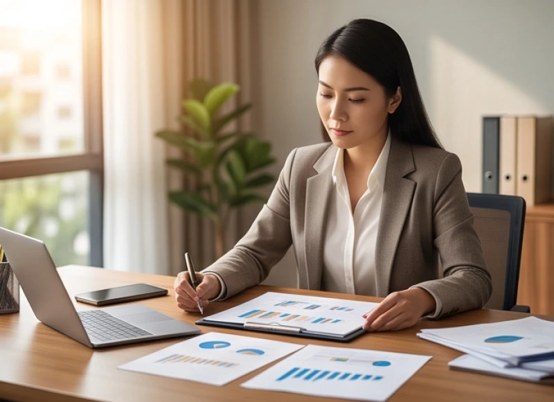 Vận hạn tuổi Thìn năm 2026: Bảng sao nam nữ & vật phẩm giải hạn 2 Doanh nhân đang xem xét các biểu đồ tăng trưởng tài chính trên bàn làm việc