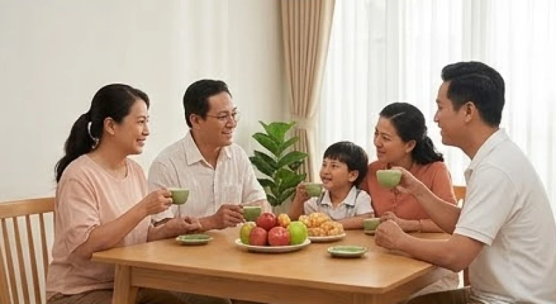 Văn khấn ngày sinh Chủ tịch Hồ Chí Minh: Lễ vật và bài cúng 19/5 4 Gia đình quây quần uống trà và thụ lộc trái cây sau khi hoàn tất nghi lễ dâng hương