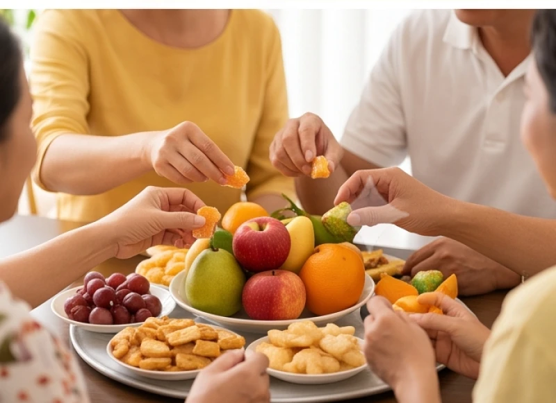 Các thành viên trong gia đình hoan hỉ chia nhau trái cây và bánh kẹo từ mâm cúng Thần Tài