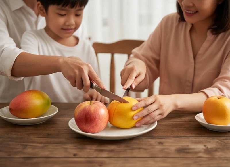 Văn khấn Phật tại nhà: Trọn bộ bài cúng chuẩn và quy tắc dâng lễ 10 Các thành viên trong gia đình vui vẻ chia nhau phần trái cây lộc sau khi hoàn tất lễ cúng Phật