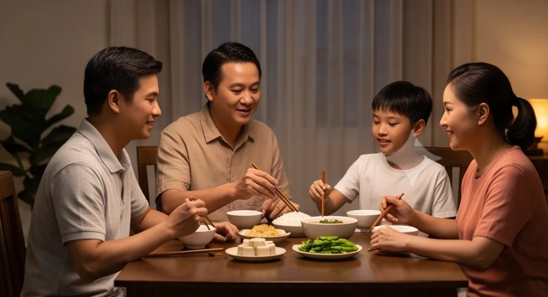 Bữa cơm gia đình ấm cúng với các món ăn được hạ lễ từ mâm cúng người mới mất
