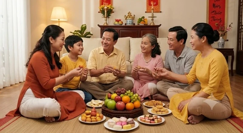 Gia đình cùng nhau quây quần thụ lộc từ mâm cúng sao giải hạn trong không khí ấm áp.