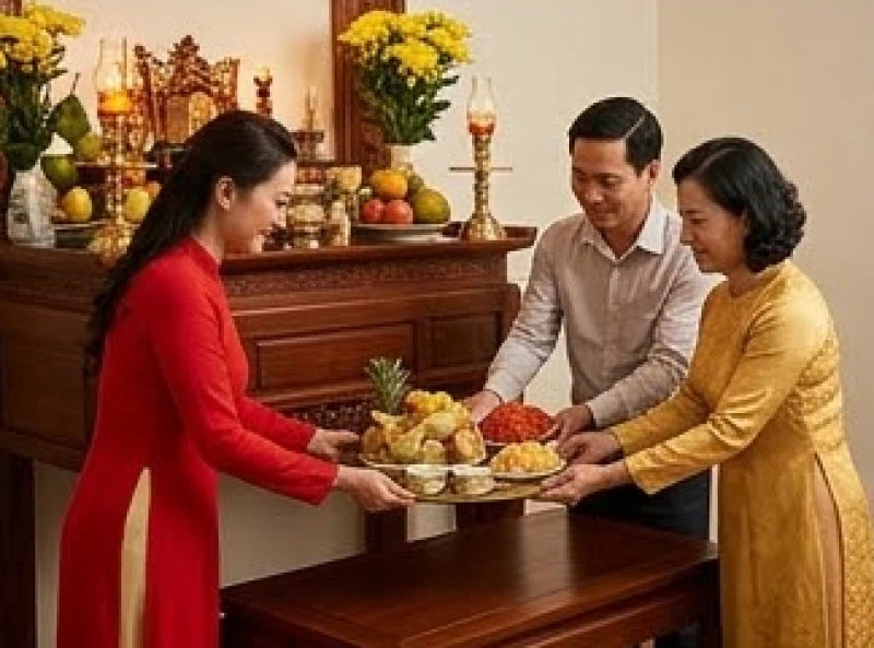 Gia đình cùng nhau hạ mâm cỗ mặn từ bàn thờ xuống để chuẩn bị thụ lộc