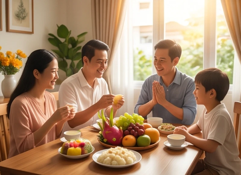Văn khấn Địa Tạng tại nhà: Bài cúng cầu an, cầu siêu đúng lễ 8 Các thành viên trong gia đình cùng nhau quây quần chia sẻ trái cây và đồ ngọt sau khi hạ lễ