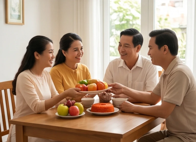 Các thành viên trong gia đình cùng nhau thụ lộc xôi gấc và hoa quả để tản phát may mắn