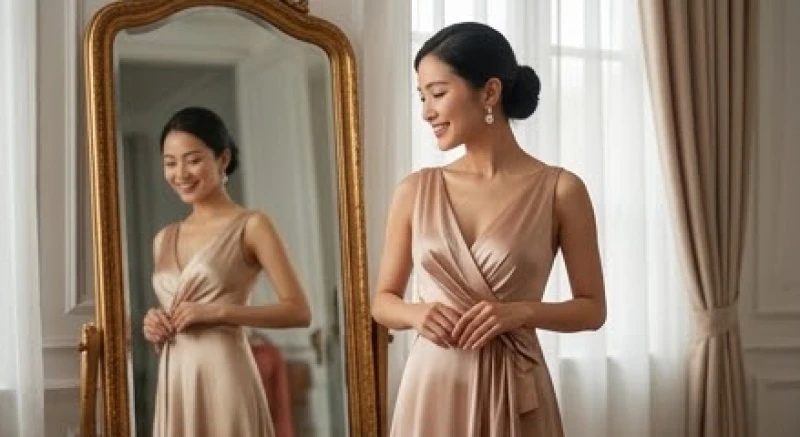 Mơ thấy quần áo đẹp: Điềm báo tâm linh và lý giải con số 12, 33 2 Một người phụ nữ đang ướm thử bộ đầm lụa sang trọng trước gương lớn với nụ cười hài lòng