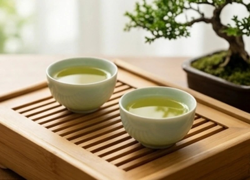 Hai tách trà gốm sứ đặt cạnh nhau trên khay tre thể hiện sự giao hảo và mượn sức mạnh từ người hợp tuổi