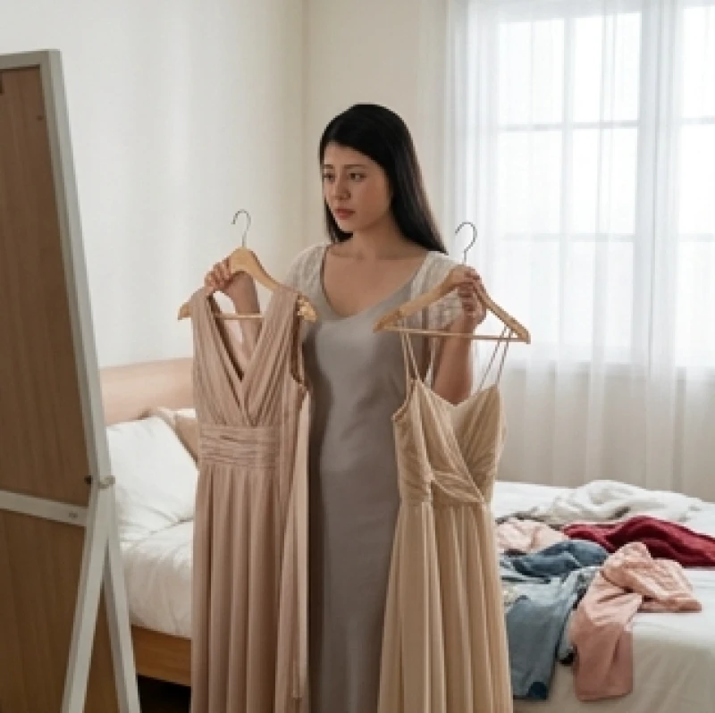 Cô gái băn khoăn đứng trước gương thử nhiều bộ trang phục khác nhau để chuẩn bị đi dự tiệc
