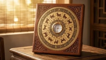 Bảng thứ tự 12 con giáp chuẩn Việt Nam chạm khắc trên bề mặt la bàn phong thủy bằng gỗ