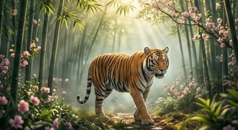 Chú hổ uy dũng dạo bước giữa khu rừng mùa xuân rực rỡ tương ứng với tháng Giêng âm lịch