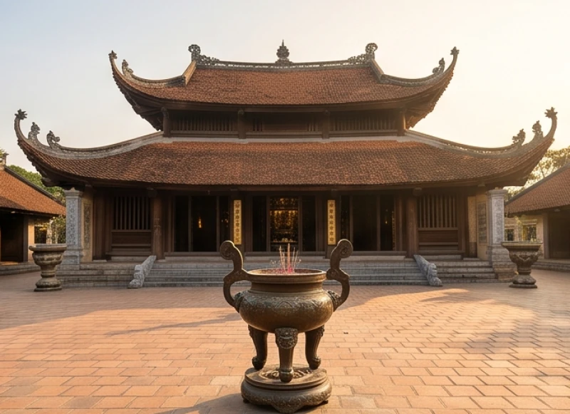 Không gian kiến trúc uy nghi của chính điện Tam Bảo nhìn từ ngoài sân chùa ngập tràn ánh nắng