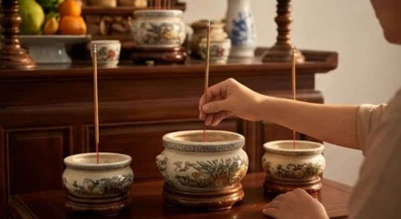 Bàn thờ gia tiên có ba bát hương được cắm nhang theo thứ tự từ bát chính giữa rồi mới sang hai bên
