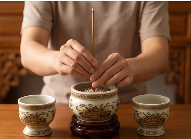 Văn khấn mùng 1 hàng tháng: Bài cúng chuẩn và trình tự chi tiết 8 Người hành lễ dùng hai tay cẩn thận cắm nén hương thẳng đứng vào bát hương Thần linh ở chính giữa ban thờ