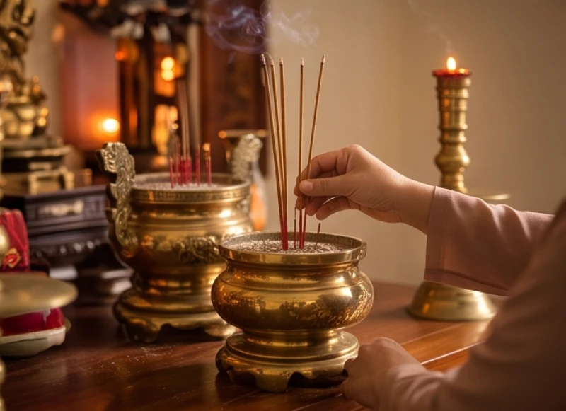 Văn khấn ngày giỗ chuẩn truyền thống: Trình tự nghi lễ bài bản 9 Gia chủ cẩn thận cắm những nén nhang đầu tiên vào bát hương Thần linh ở vị trí chính giữa