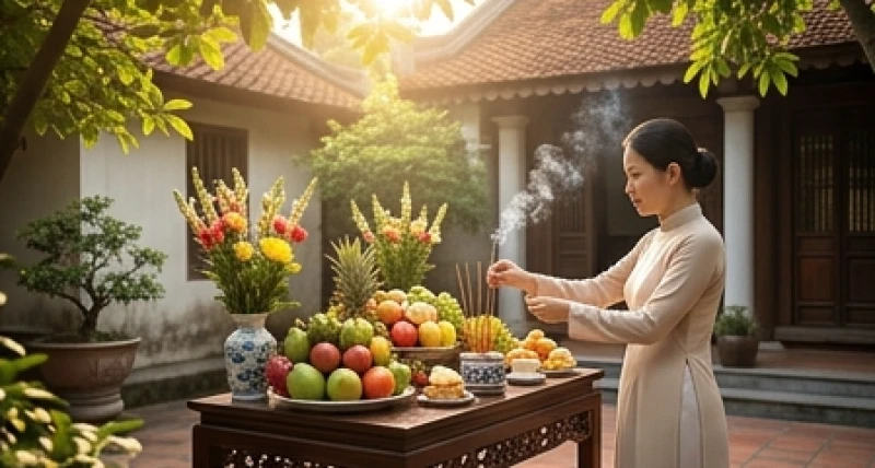 Gia chủ thành kính dâng hương tại bàn lễ cúng ngoài trời trước khi làm lễ gia tiên