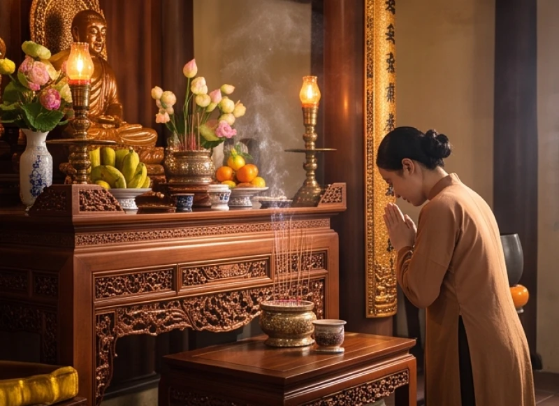 Văn khấn Đức Thánh Hiền tại chùa: Bài cúng chuẩn và sắm lễ chay 9 Người đi lễ đang cúi đầu vái lạy tại ban Tam Bảo trước khi di chuyển sang các ban thờ thần linh khác