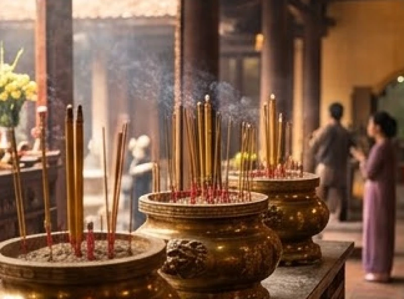Nhang đèn được thắp sáng rực rỡ tại các ban thờ theo đúng luồng di chuyển từ ngoài vào trong