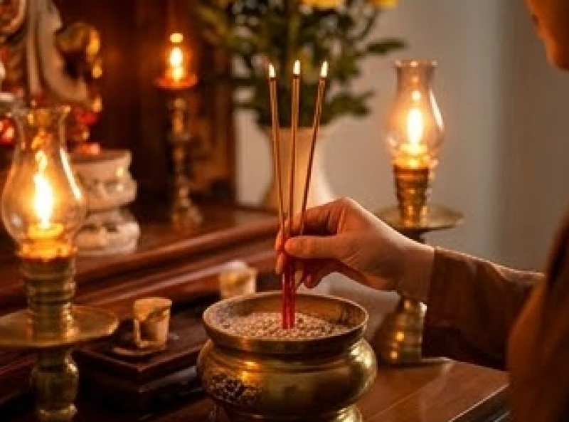 Gia chủ cầm nén hương đang cháy sáng dâng lên ban Tứ Phủ Công Đồng theo đúng trật tự từ trên xuống dưới
