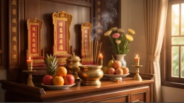 Bàn thờ truyền thống với hương nhang cháy sáng thể hiện thứ tự khấn thần linh và gia tiên trong gia đình Việt
