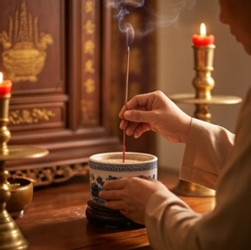 Gia chủ đang dùng hai tay cẩn thận cắm nén hương vào bát hương Thổ Công ở vị trí chính giữa ban thờ